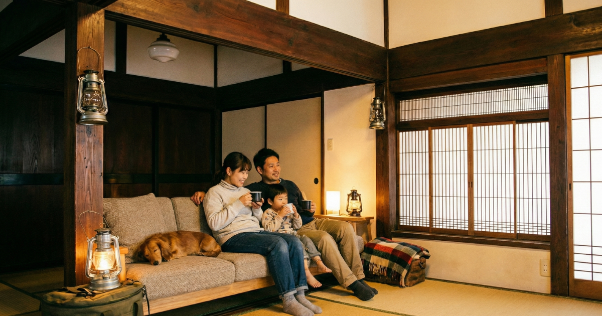 愛犬と一緒に泊まれる古民家宿のリビングで、ソファに座ってリラックスしている3人家族とダックスフンド。温かい光に包まれたノスタルジックな雰囲気。