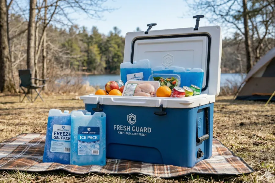 2月の枯れ草が広がるキャンプサイトに置かれた、保冷剤と食材(肉や果物)が詰まった青いクーラーボックス。
