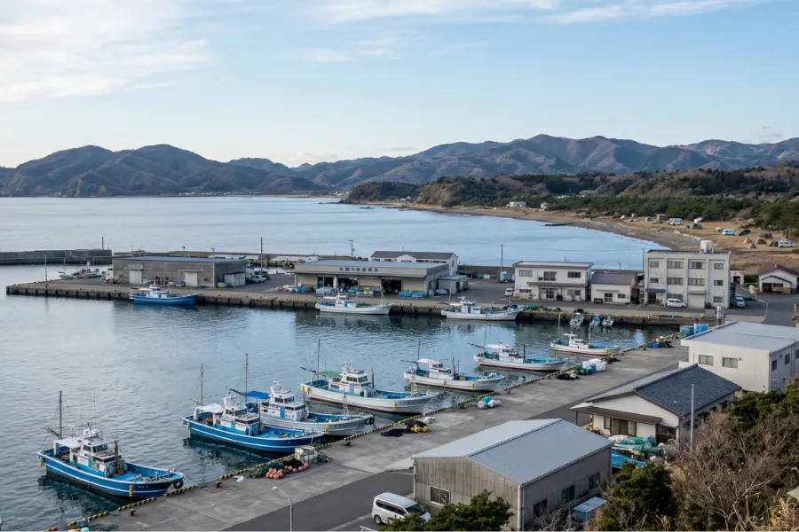 2月の澄んだ空気の中、穏やかな海に漁船が停泊する千葉県館山市の漁港を遠目から撮影した風景。