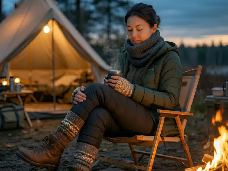 焚き火で暖をとる女性。ネックウォーマーやレッグウォーマーなど冬キャンプに最適な防寒着を着用しています。