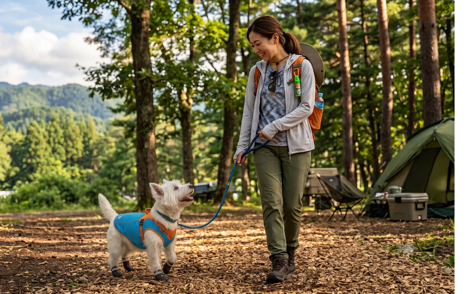 犬連れキャンプで森の中を仲良く散歩する女性と、犬用クールウェアと靴を履いたウエスティ（ウエスト・ハイランド・ホワイト・テリア）。ウッドチップの小道で。