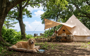 館山の海が見える木陰のテントサイトで、飼い主と一緒にリラックスして過ごす犬連れキャンプの様子