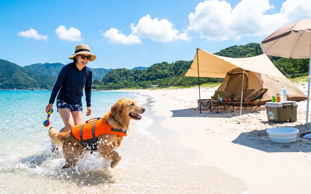 晴れた館山の海岸でライフジャケットを着て水遊びを楽しむ愛犬と、日陰を作る砂浜のキャンプテント