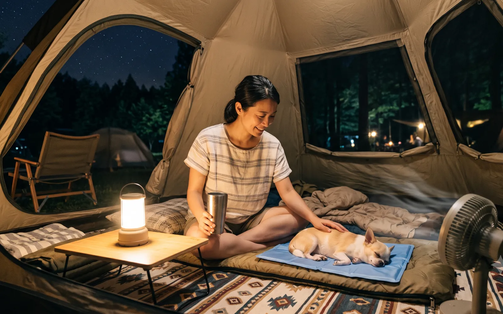 夏の夜のキャンプ用テント内で、ひんやりマットと扇風機を使って暑さ対策をしながら、チワワとくつろぐ日本人女性のイラスト