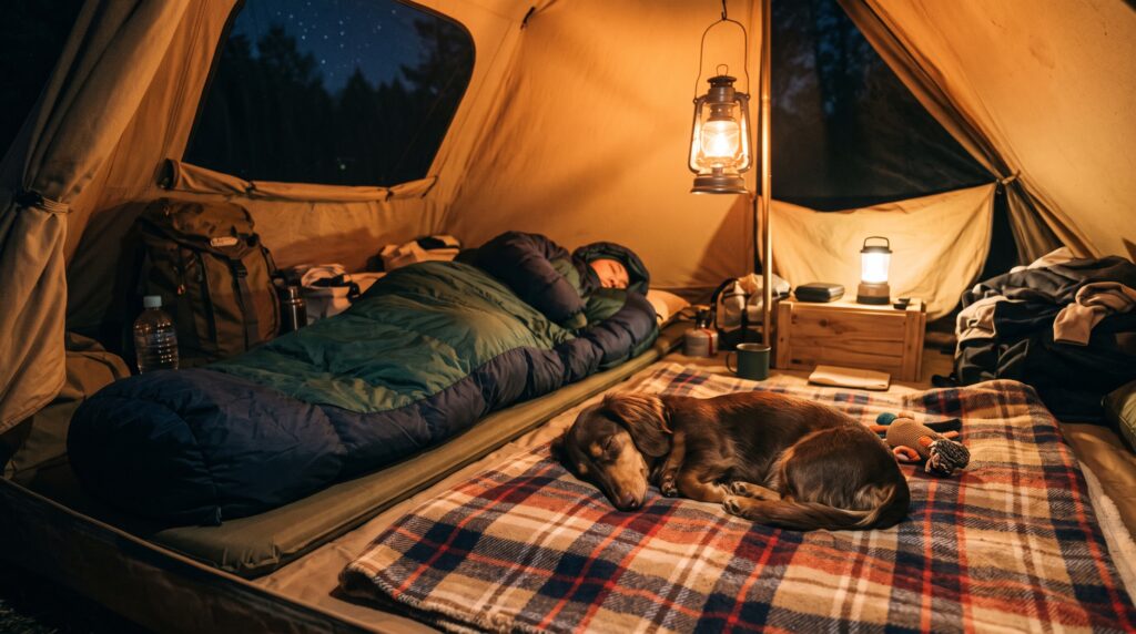 テントの中で、毛布の上で眠る犬