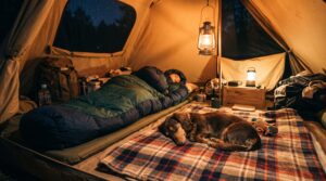 テントの中で、毛布の上で眠る犬
