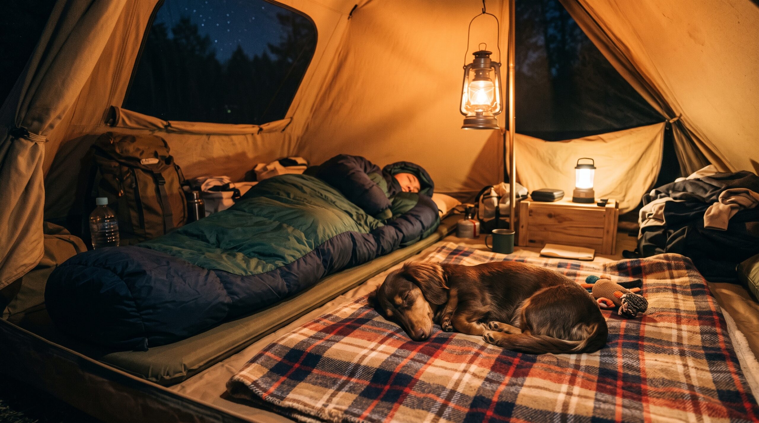 テントの中で、毛布の上で眠る犬