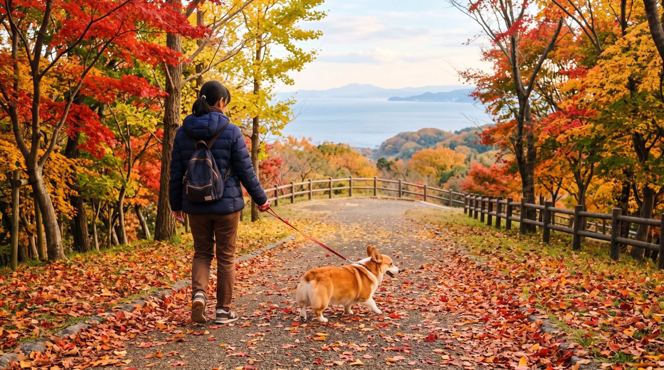 紅葉した木々の下を、飼い主と散歩する犬